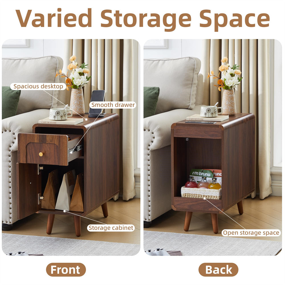 A side-by-side product comparison showing a wooden storage cabinet/nightstand in two views: front and back. The cabinet has a dark brown wood finish, a single drawer on the front, and an open storage compartment on the back.