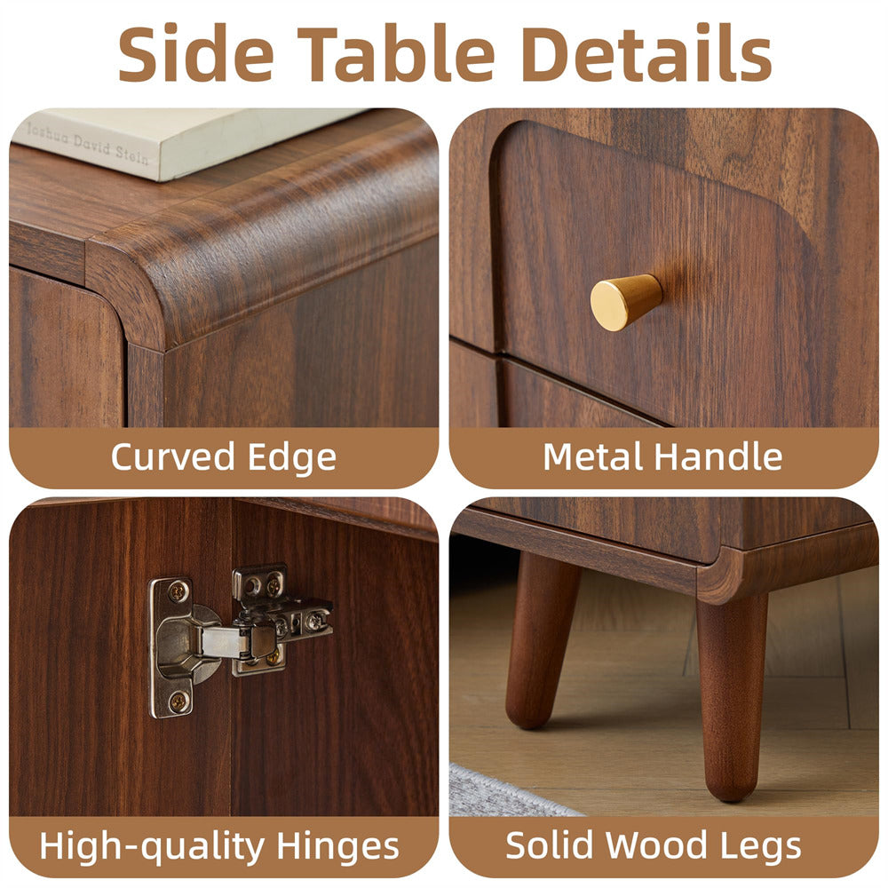 Four-panel detail collage titled 'Side Table Details' showing a dark wood side table: curved edge detail, metal drawer handle, high-quality hinges, and solid wood legs, with text labels beneath each close-up.