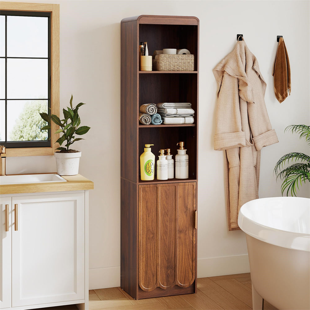Bathroom with wooden storage cabinet, sink, and bathtub.