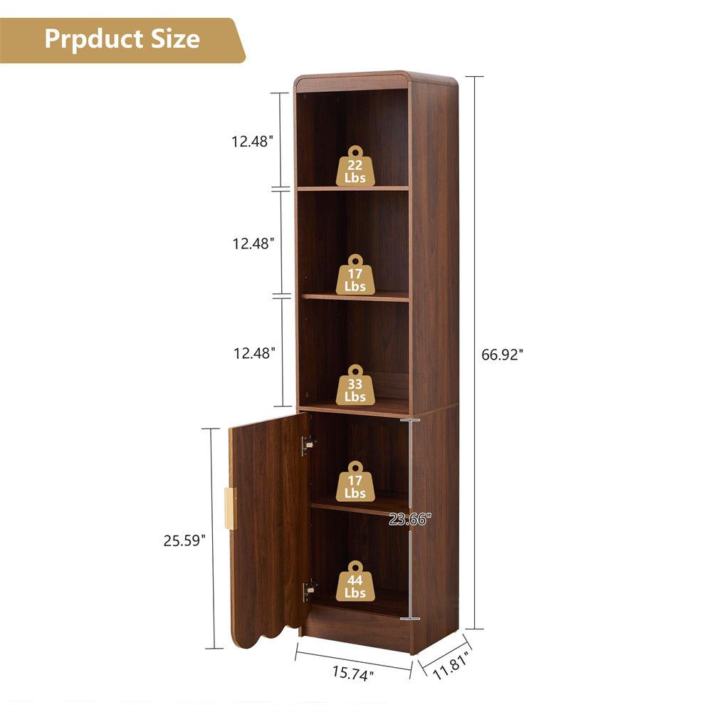 Wooden bookshelf with dimensions and weight labels on a white background
