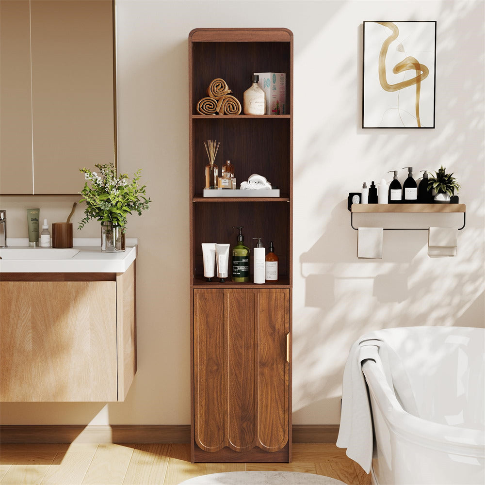 Tall wooden shelf in a bathroom with various items on shelves and a sink area.