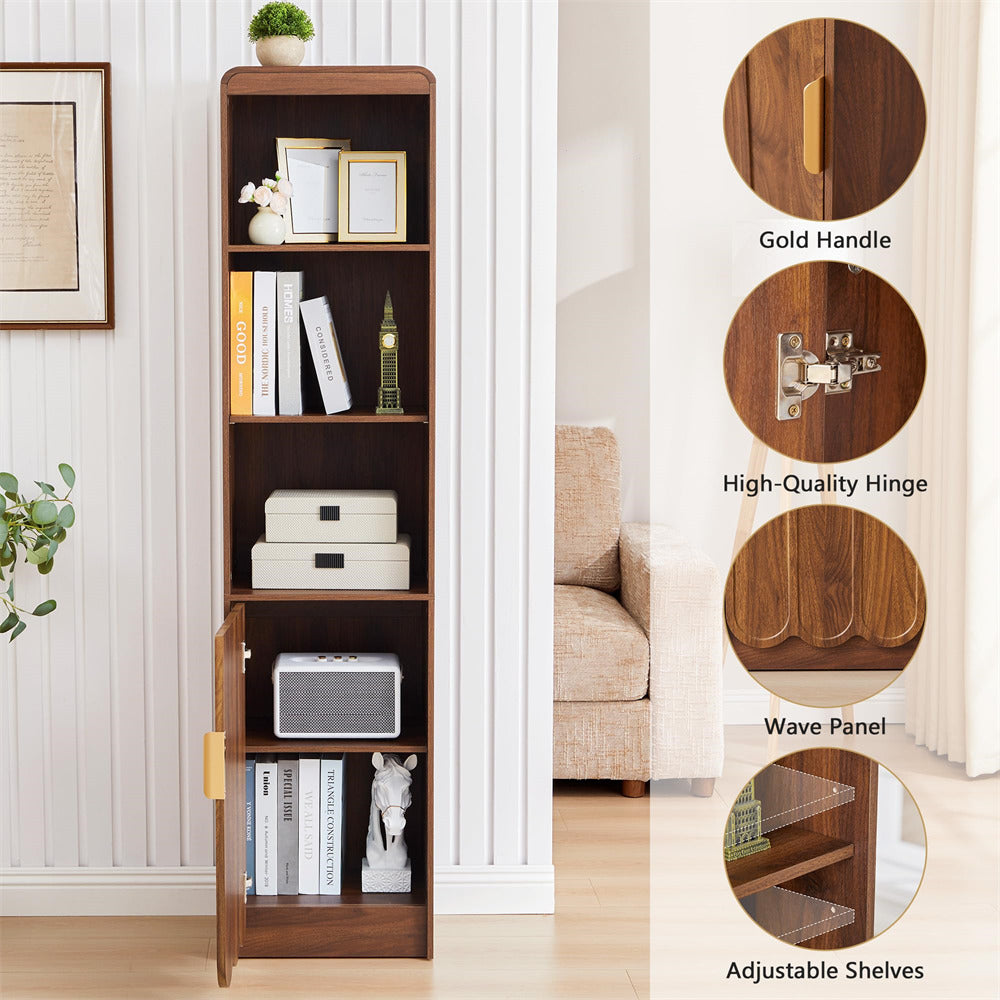 Wooden bookshelf with gold handle, high-quality hinge, wave panel, and adjustable shelves in a room setting.