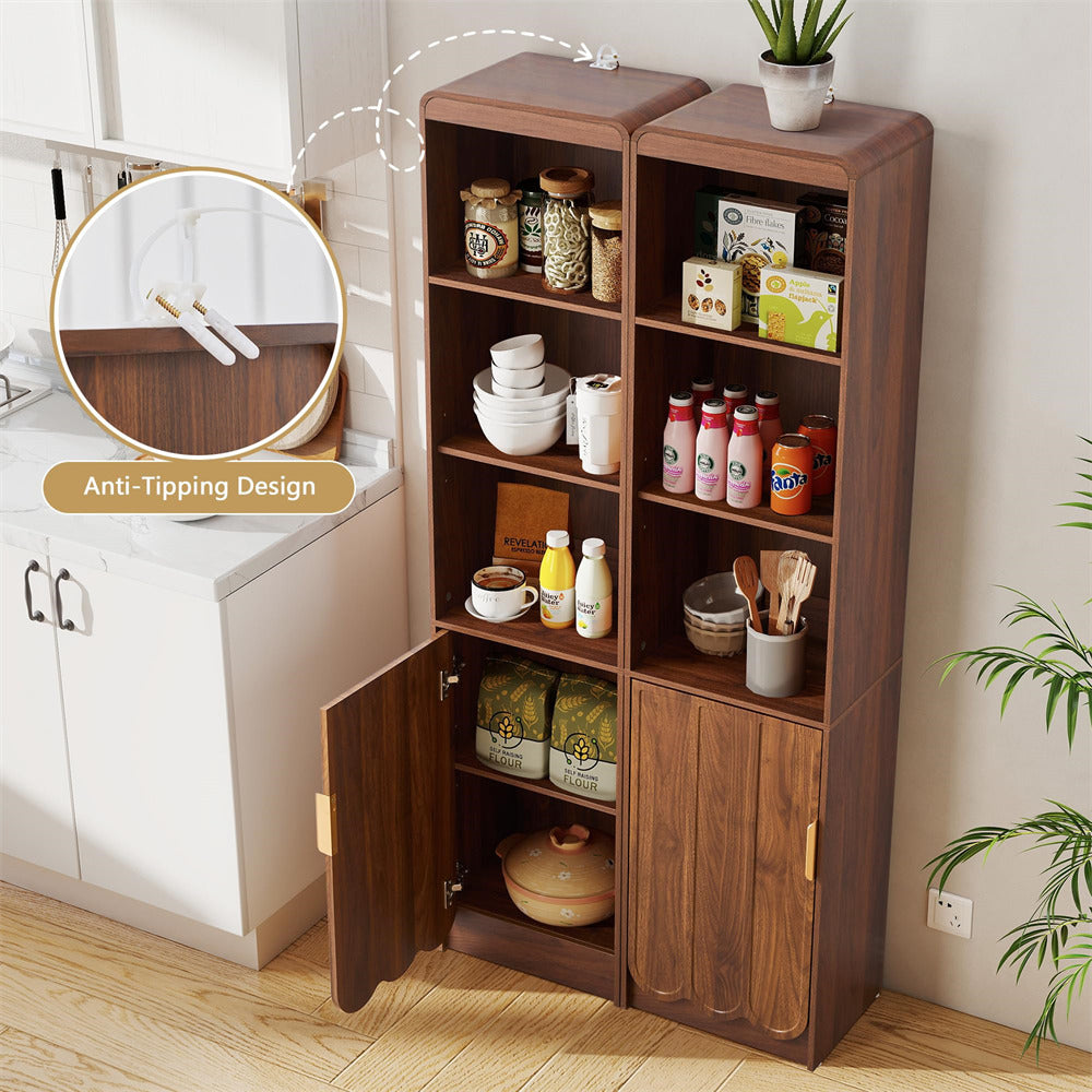 Wooden kitchen cabinet with open doors displaying various items, including a close-up of the anti-tipping design.