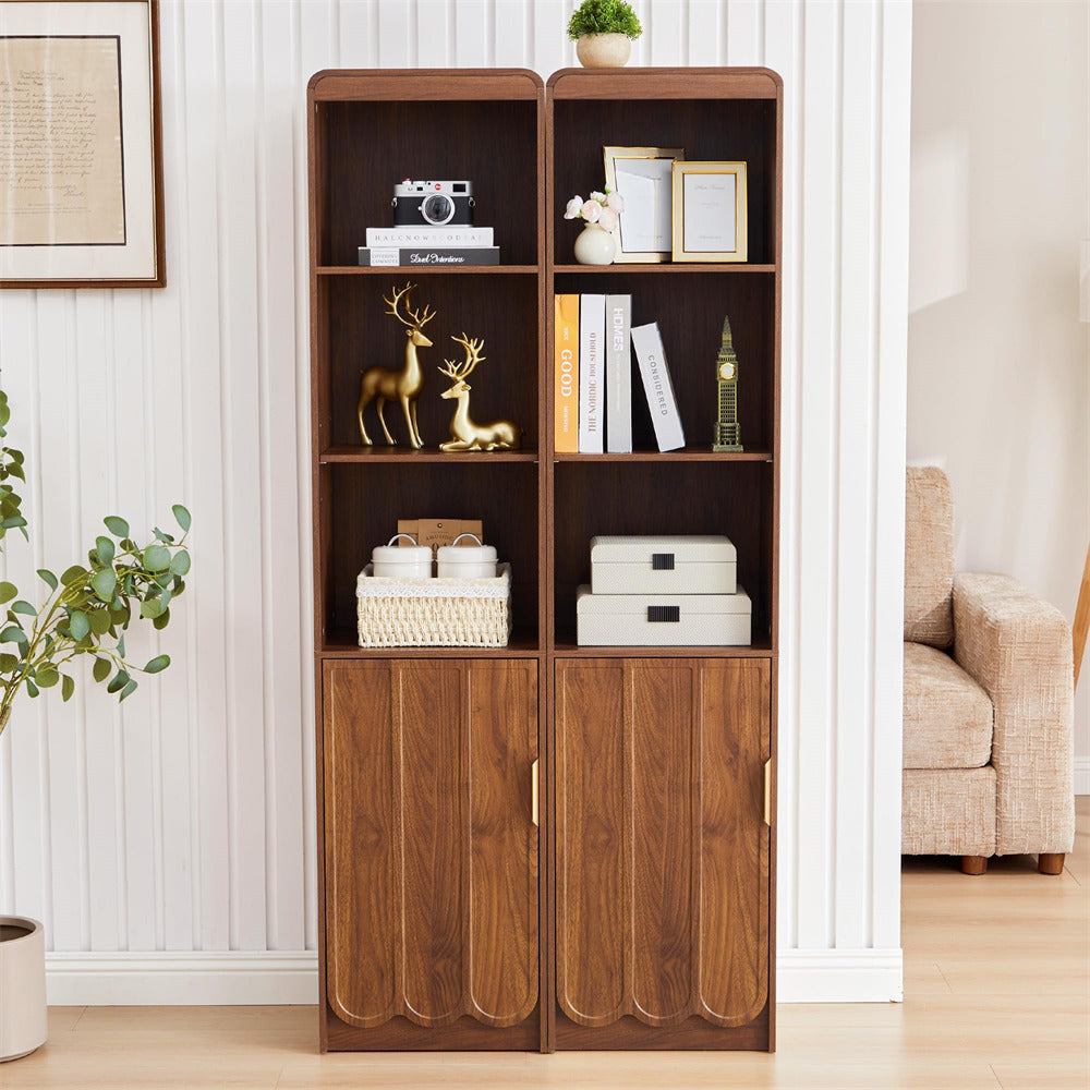 Wooden bookshelf with decorative items in a living room setting