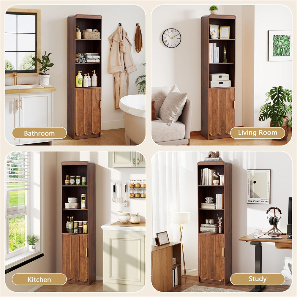 Collage of a wooden bookshelf in different rooms: bathroom, living room, kitchen, and study.