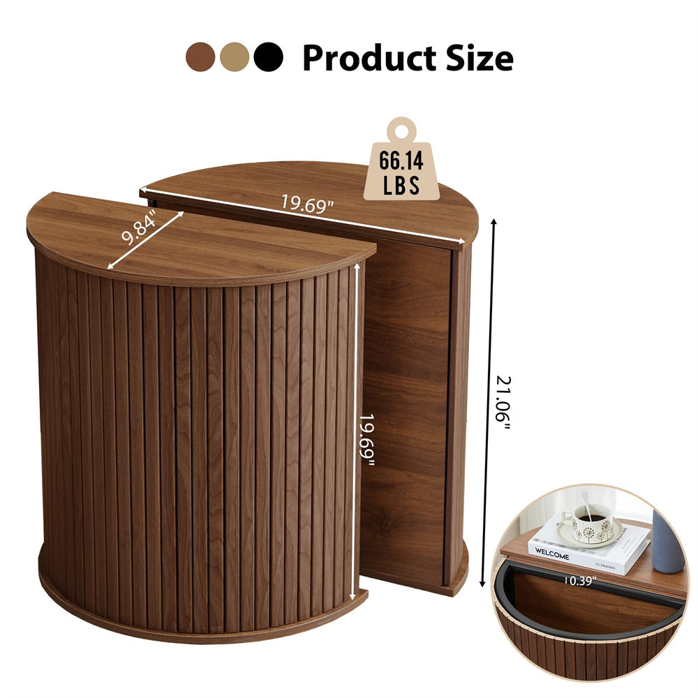 Wooden side table with dimensions and weight label on a white background