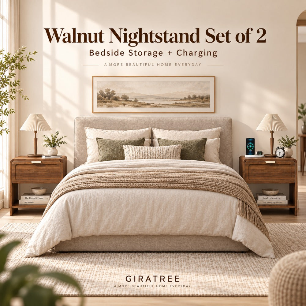 Walnut Nightstand Set of 2 with Charging Station and Drawers