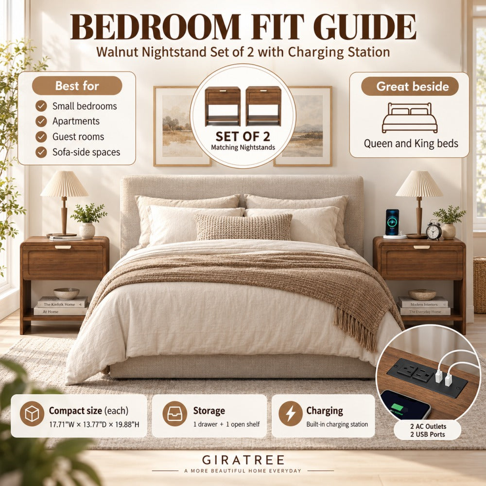 Walnut Nightstand Set of 2 with Charging Station and Drawers Bedroom Fit