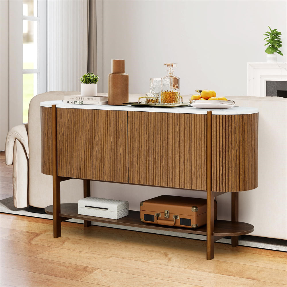 Wooden sideboard with a white countertop in a modern living room.