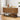Wooden sideboard with a white countertop in a modern living room.