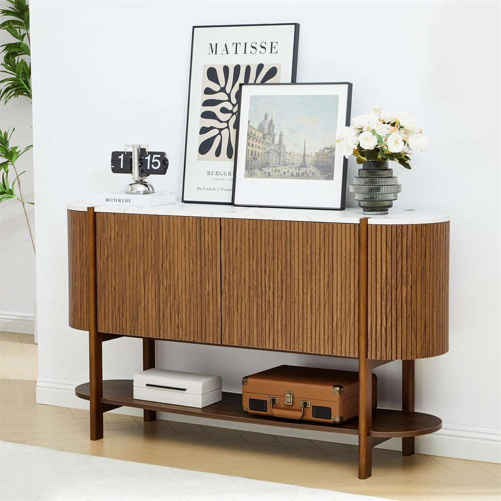 Wooden console table with decorative items in a room setting