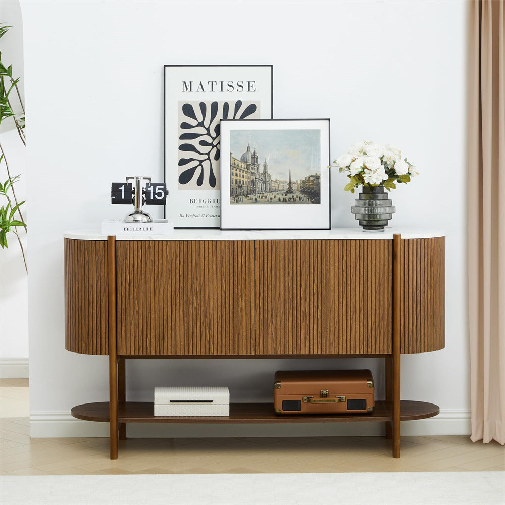 Wooden console table with decorative items in a room setting
