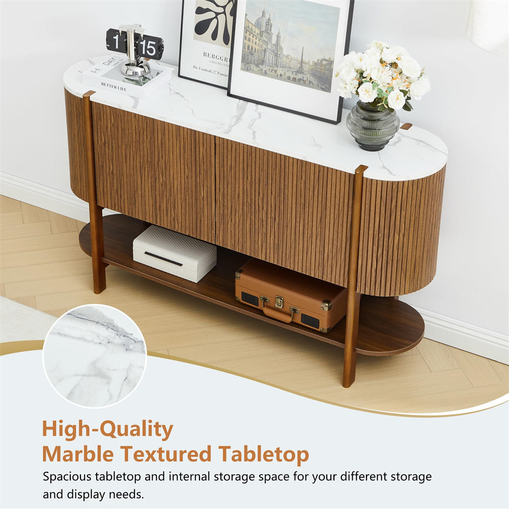 Wooden console table with marble-textured top and storage shelves in a room setting.