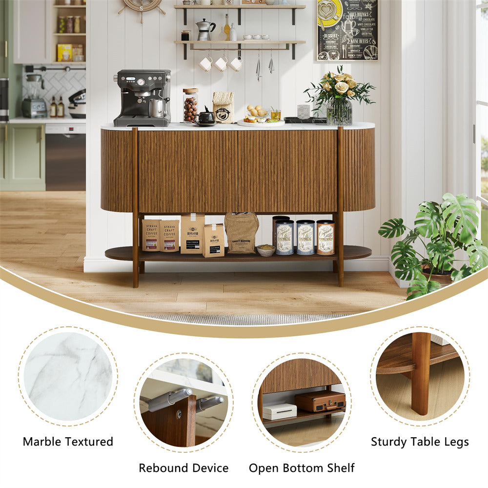 Wooden sideboard with marble textured finish, rebound device, open bottom shelf, and sturdy table legs in a kitchen setting.