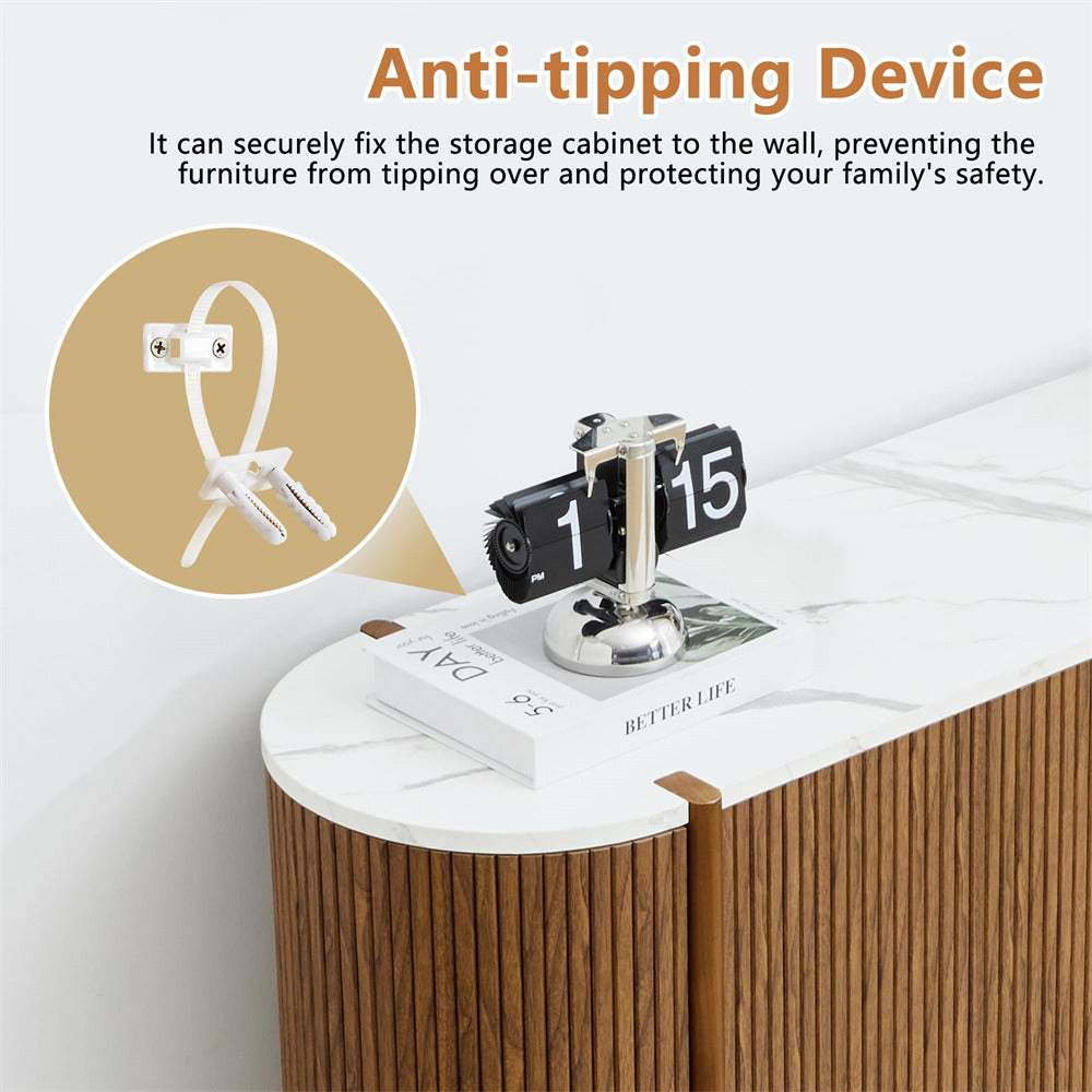 Anti-tipping device for a storage cabinet with text explaining its function.