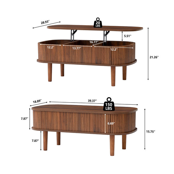 Modern Oval Fluted Wooden Lift Top Coffee Table with Hidden Compartmen ...