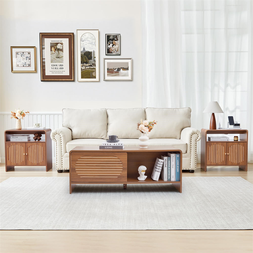 Living room with a beige sofa, wooden coffee table, and side tables.