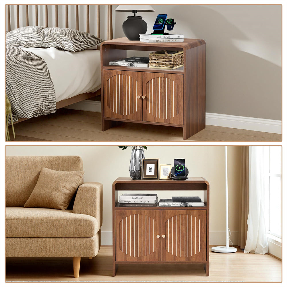 Wooden side table with storage doors in a bedroom setting