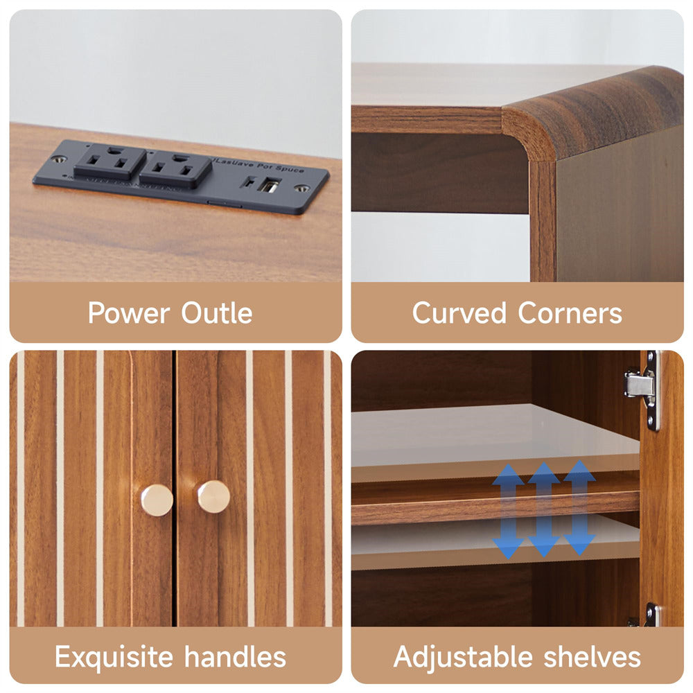 Collage of a wooden desk features including power outlet, curved corners, exquisite handles, and adjustable shelves.