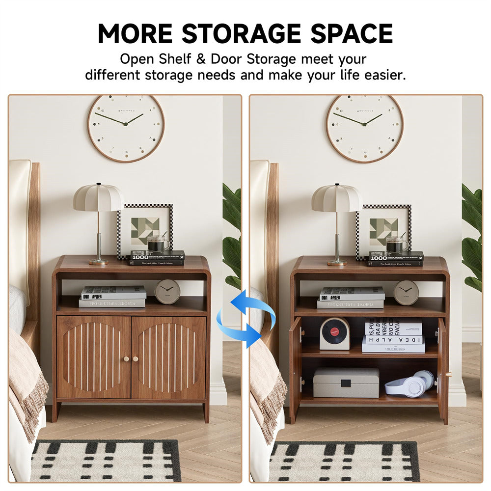 Wooden storage unit with open shelf and door storage options, featuring a clock and decorative items.