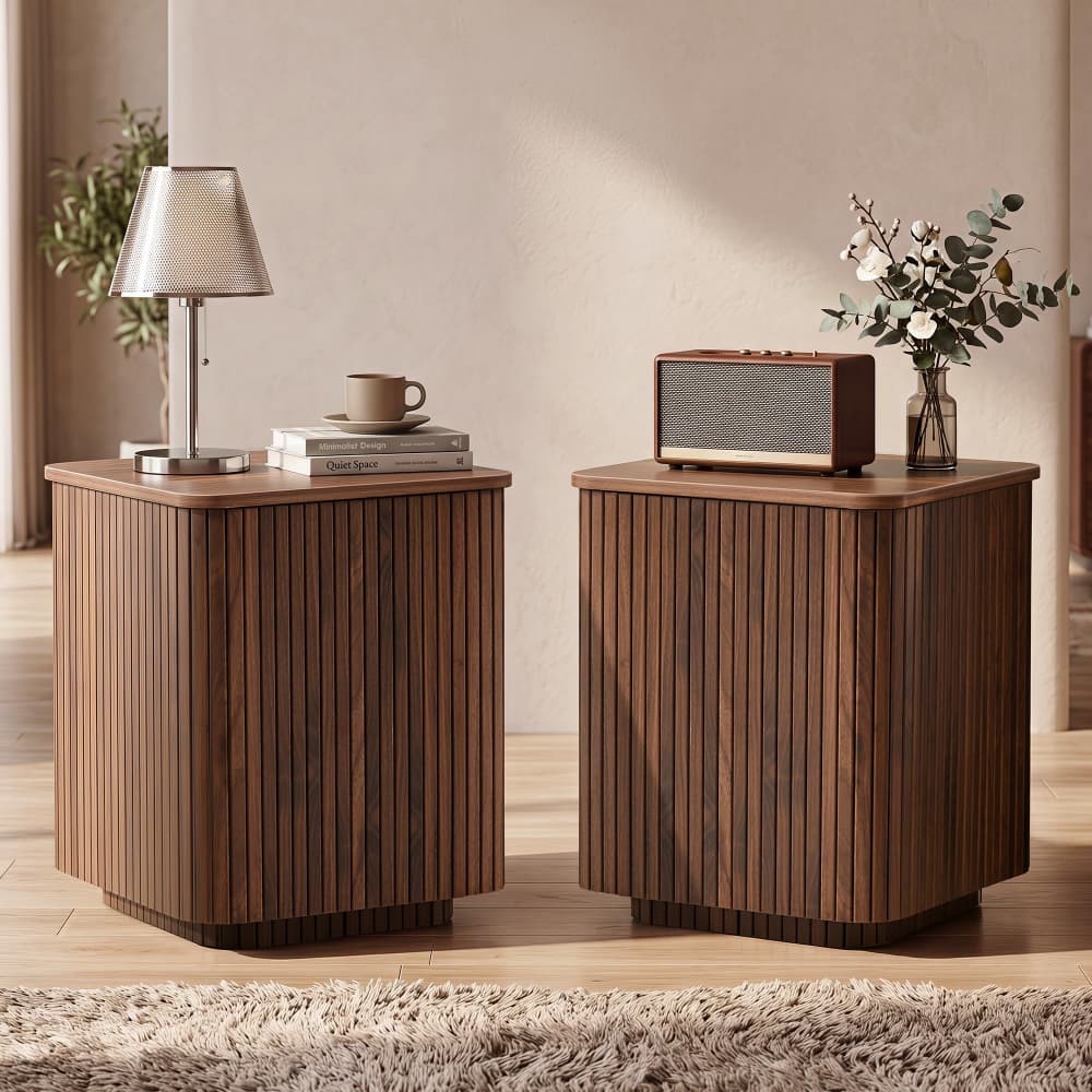 Walnut Set of 2 18" Square Fluted End Table with Removable Lid Access and Storage