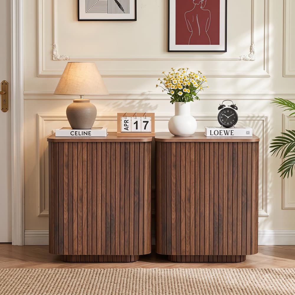 Walnut Set of 2 18" Square Fluted End Table with Removable Lid Access and Storage