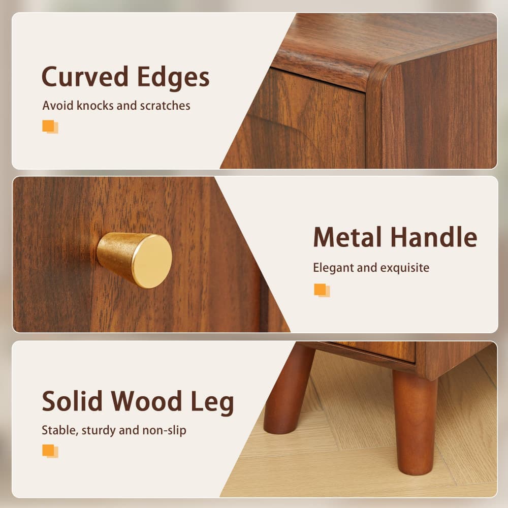 Three-panel feature graphic for a wooden side table or cabinet, highlighting curved edges, a round metal handle, and solid wood legs with text callouts on a cream background.