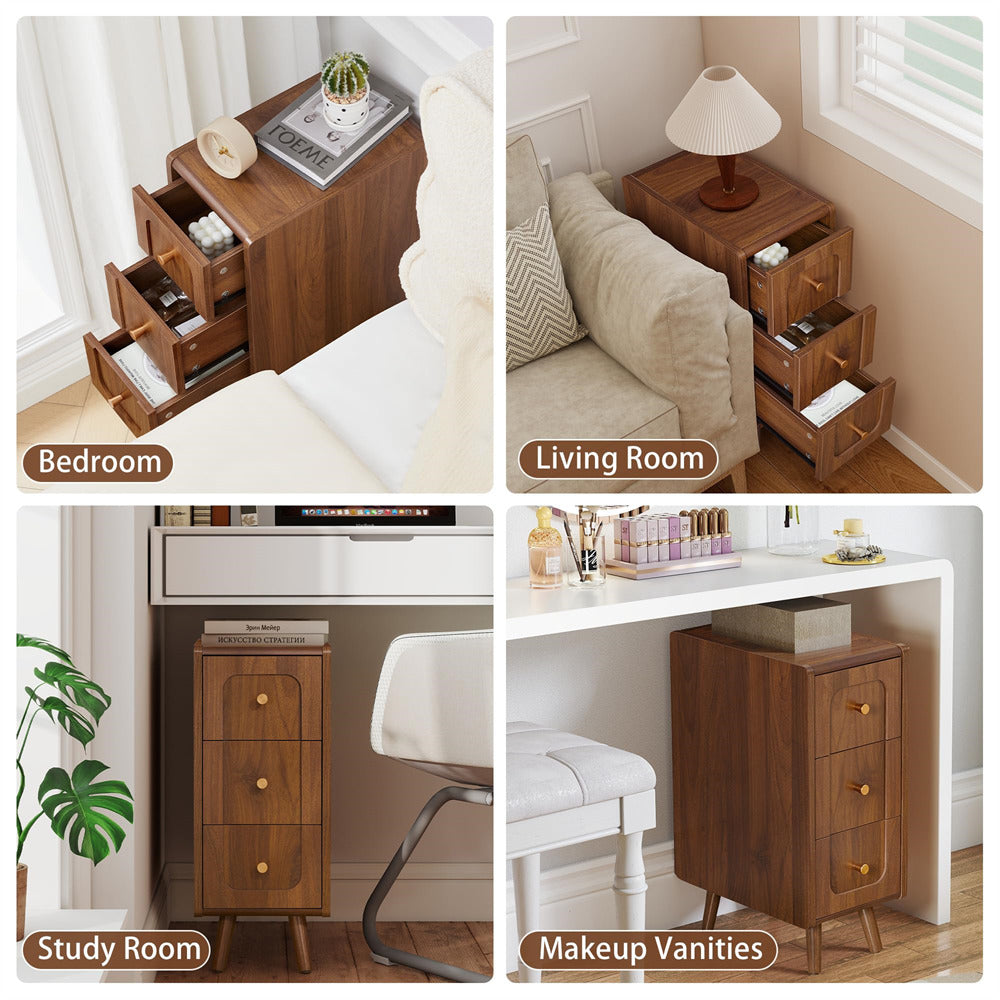 Collage of a wooden drawer unit in various room settings including bedroom, living room, study room, and makeup vanities.