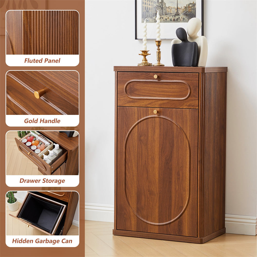 Wooden cabinet with fluted panel, gold handle, drawer storage, and hidden garbage can feature.