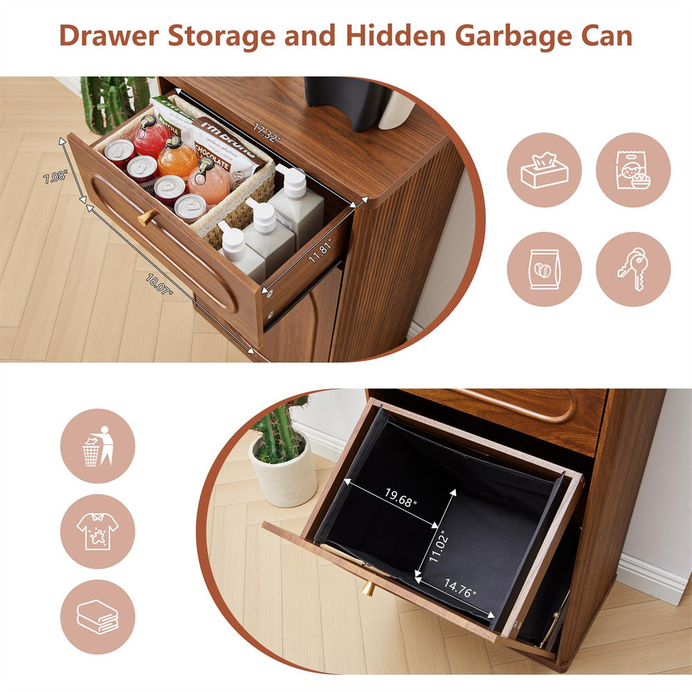 Wooden drawer with storage compartments and hidden garbage can, showing dimensions.