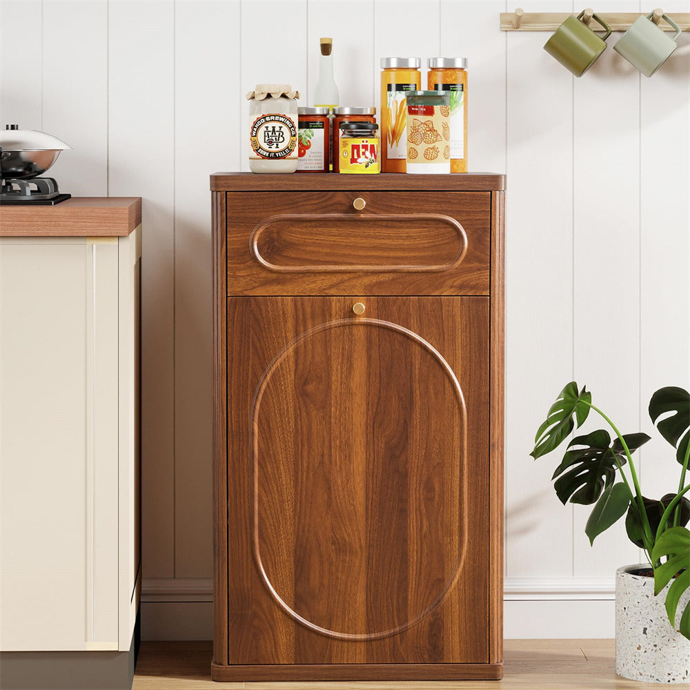 Wooden cabinet with decorative items on top in a kitchen setting
