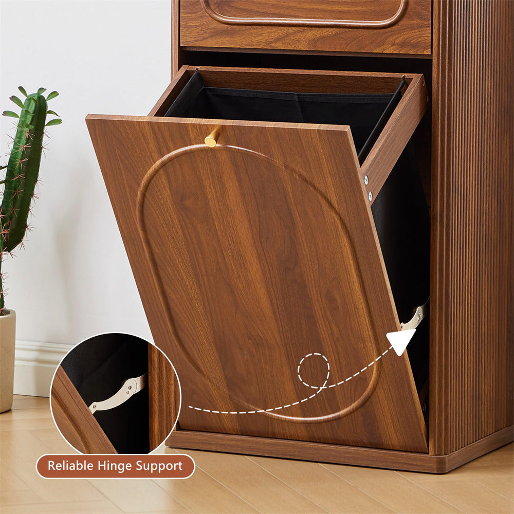 Wooden trash bin with open lid showing reliable hinge support, potted plant in the background.