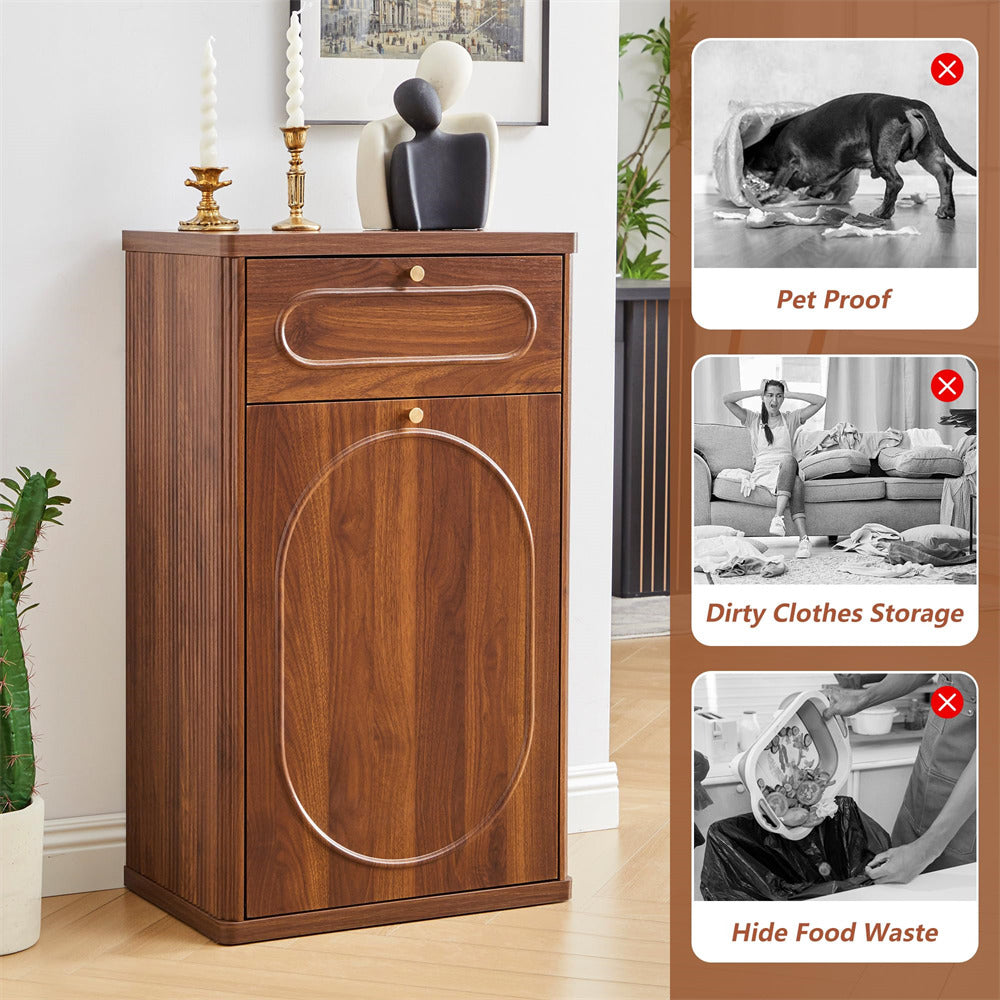 Wooden cabinet with pet proof, dirty clothes storage, and hide food waste features on a wooden floor.