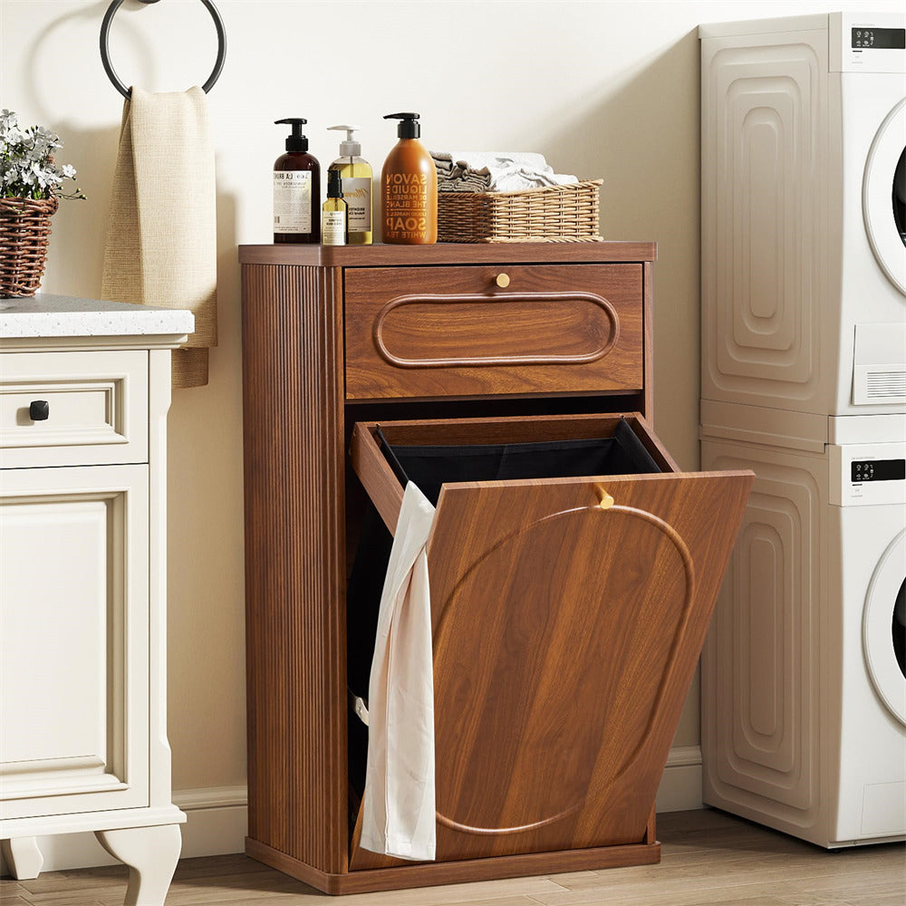 Wooden laundry basket with open lid in a laundry room setting.