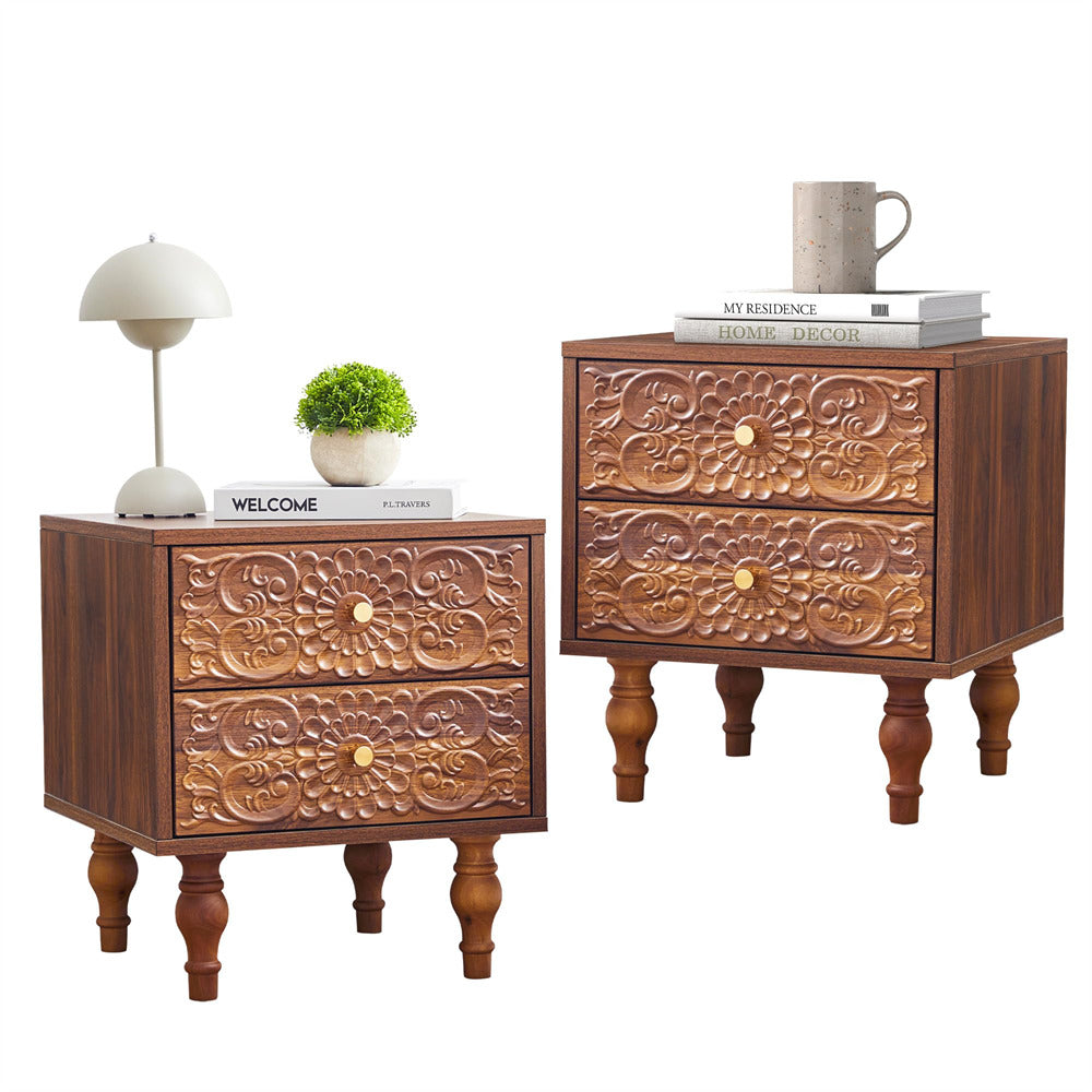 Two walnut wooden nightstands with decorative carvings on a white background