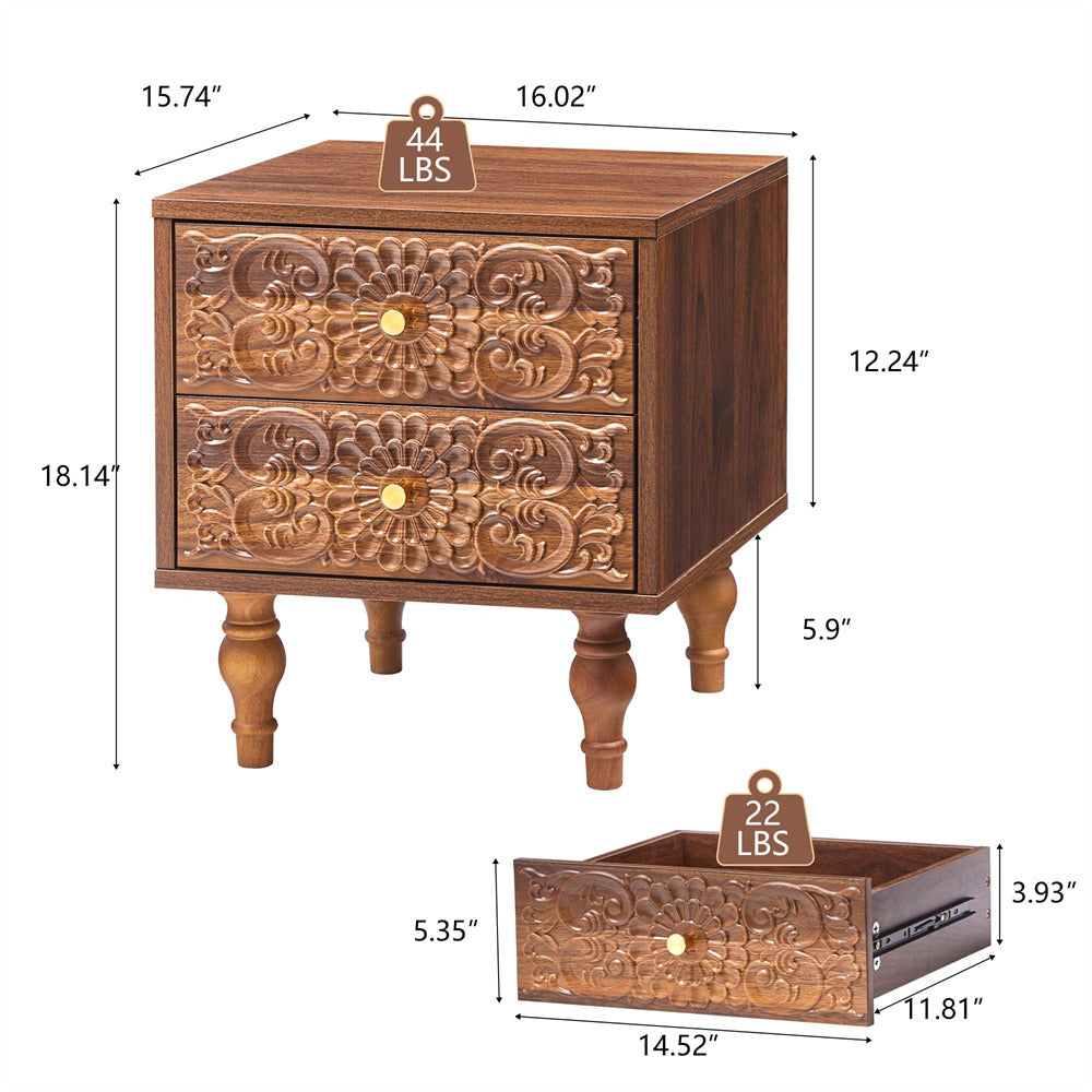 Wooden walnut nightstand with intricate carvings and dimensions displayed