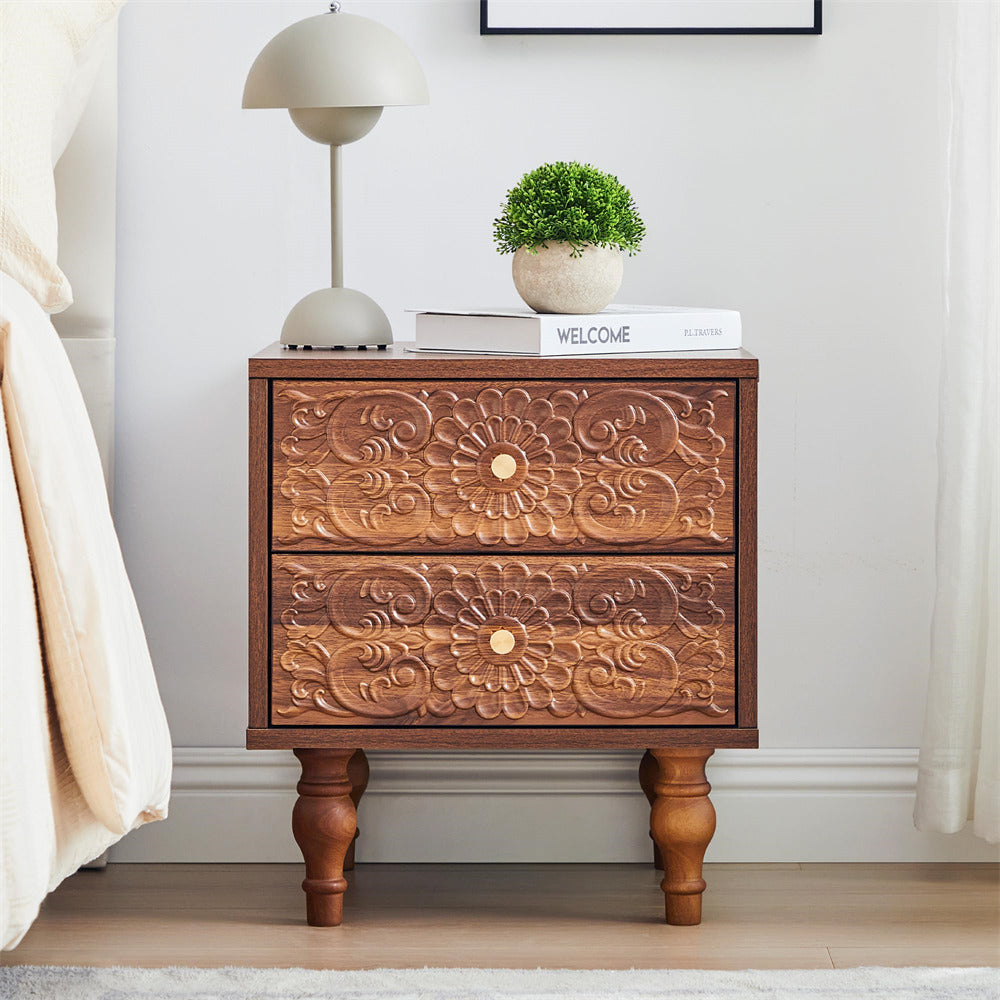 Wooden walnut nightstand with decorative carvings in a bedroom setting