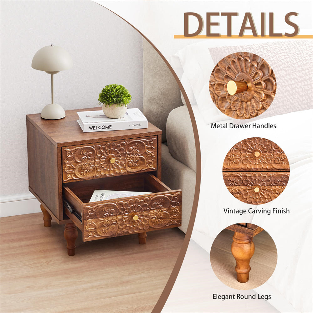 Wooden walnut nightstand with metal drawer handles, vintage carvings, and elegant round legs in a room setting.