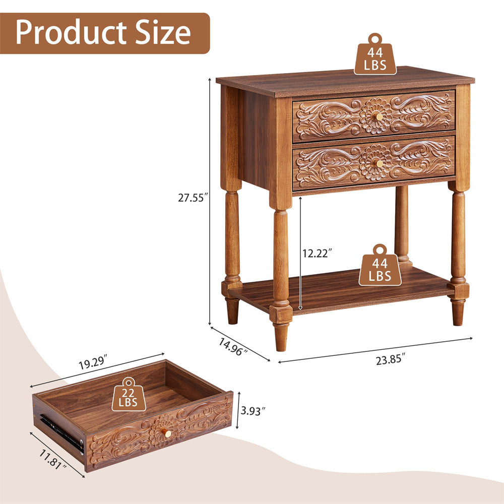 Wooden side table with dimensions and weight label on a beige background