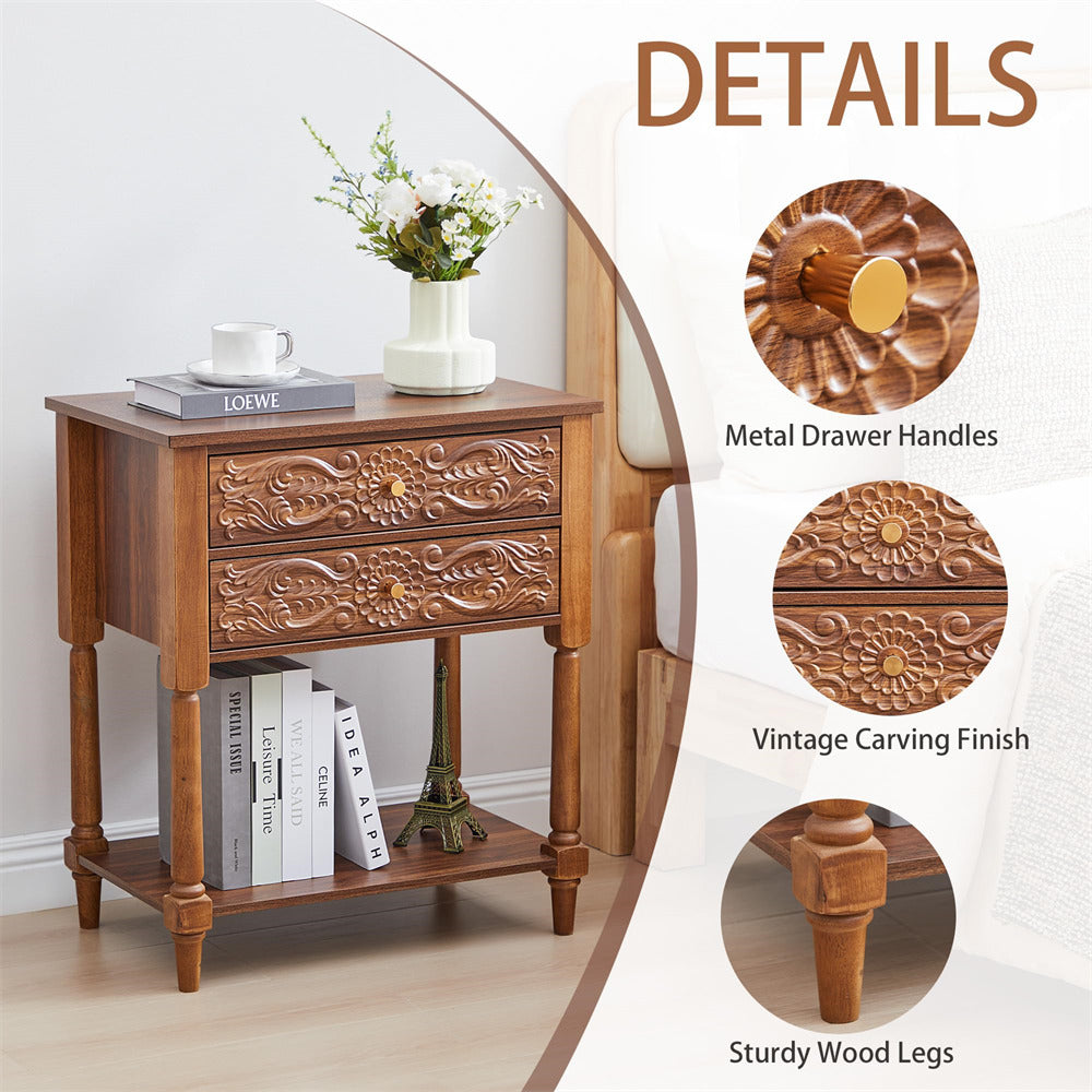 Wooden side table with metal drawer handles, vintage carving finish, and sturdy wood legs, with a close-up of each feature.