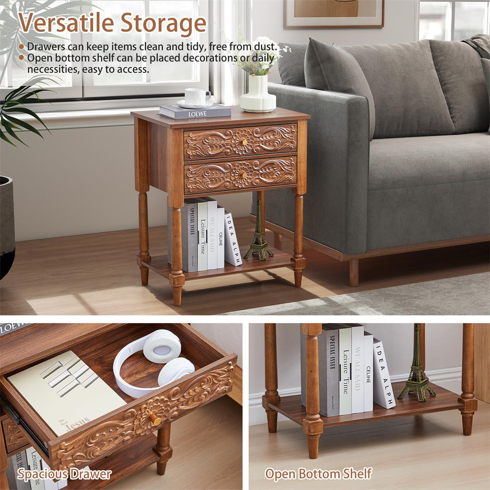 Wooden side table with drawers and open shelf in a living room setting