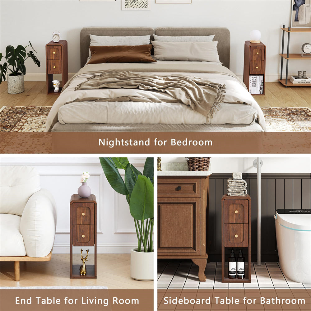 Collage of nightstands for bedroom, living room, and bathroom.