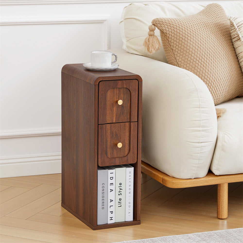 Walnut Wooden Narrow Nightstands with 2 Drawers