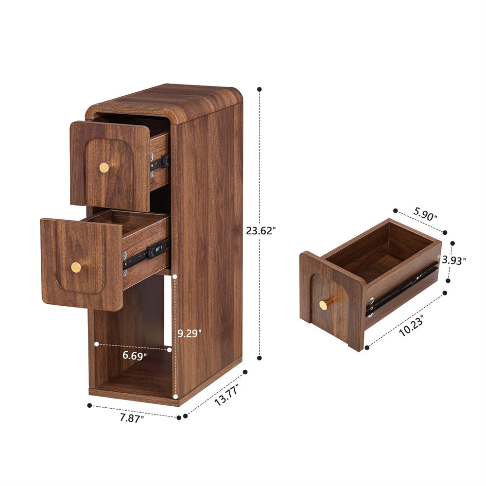 Wooden three-drawer cabinet shown with dimension callouts on a white background, including the full cabinet height and width and one drawer shown separately with its dimensions.