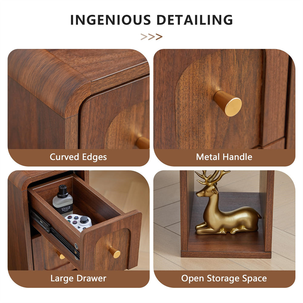 Four-panel feature graphic for a wooden cabinet or side table, with text labels reading 'Ingenious Detailing,' 'Curved Edges,' 'Metal Handle,' 'Large Drawer,' and 'Open Storage Space.' The panels show close-up views of the wood grain, a round metal knob, an open drawer, and storage space with a gold deer decor piece.