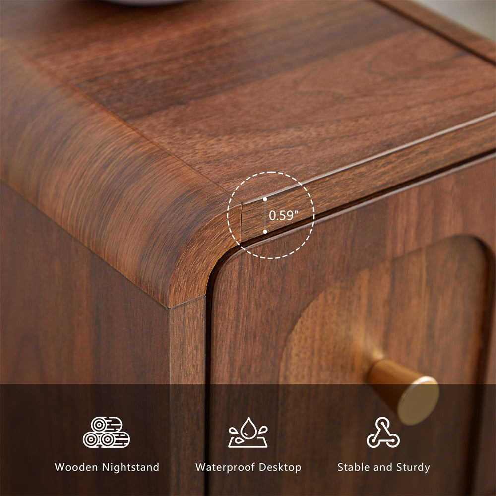Close-up of a wooden nightstand showing the corner and front drawer with a brass knob, plus text icons for 'Wooden Nightstand', 'Waterproof Desktop', and 'Stable and Sturdy'.