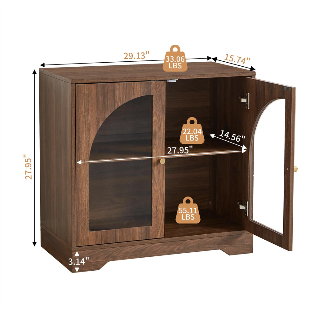Wooden cabinet with glass doors and dimensions labeled on a white background