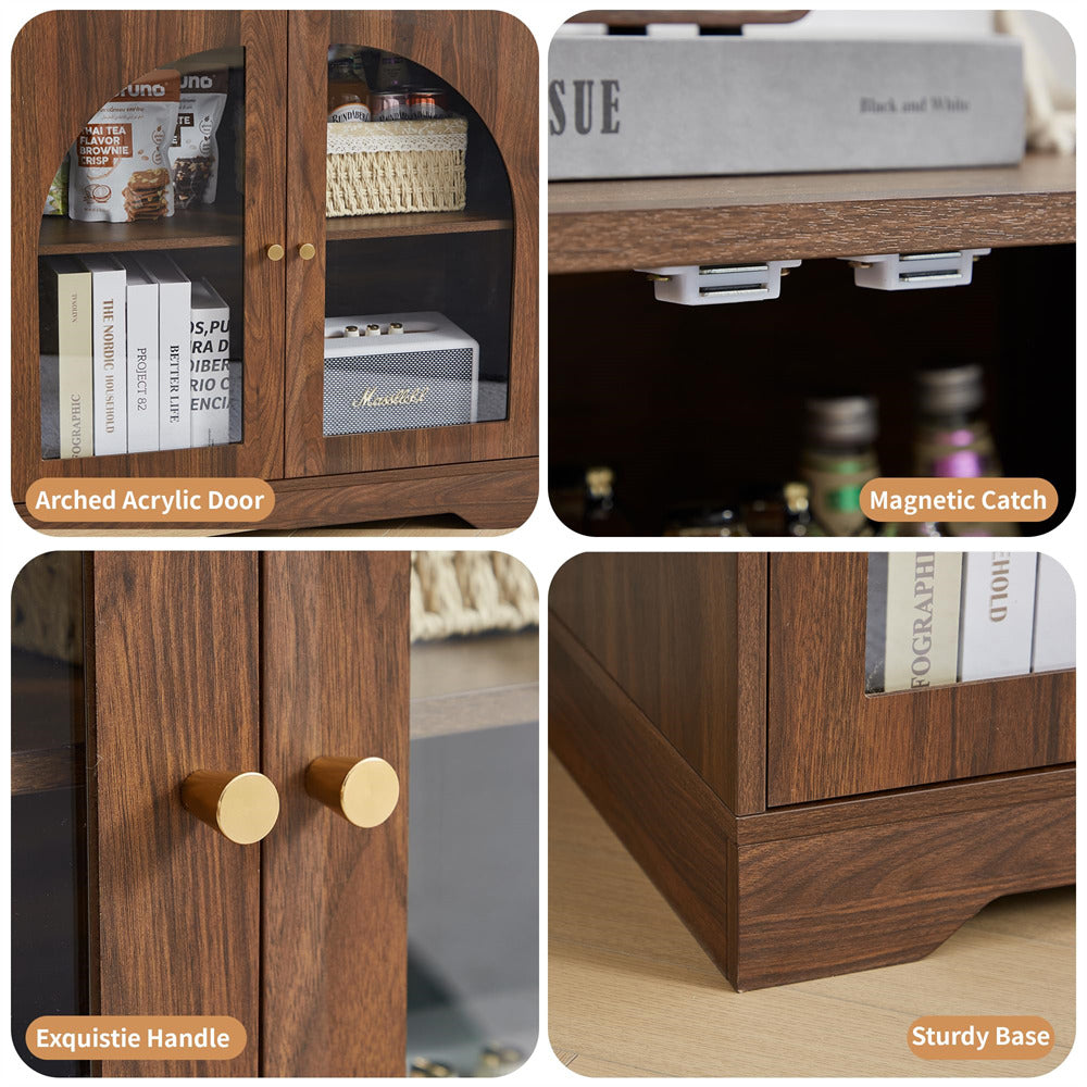 Collage of a wooden cabinet with features highlighted, including arched acrylic door, magnetic catch, exquisite handle, and sturdy base.