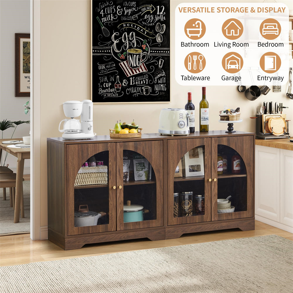 Wooden storage cabinet with glass doors in a kitchen setting, featuring various items on top.