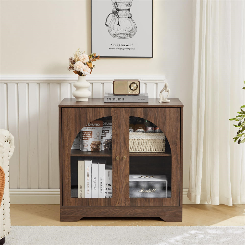 Wooden side table with decorative items in a living room setting